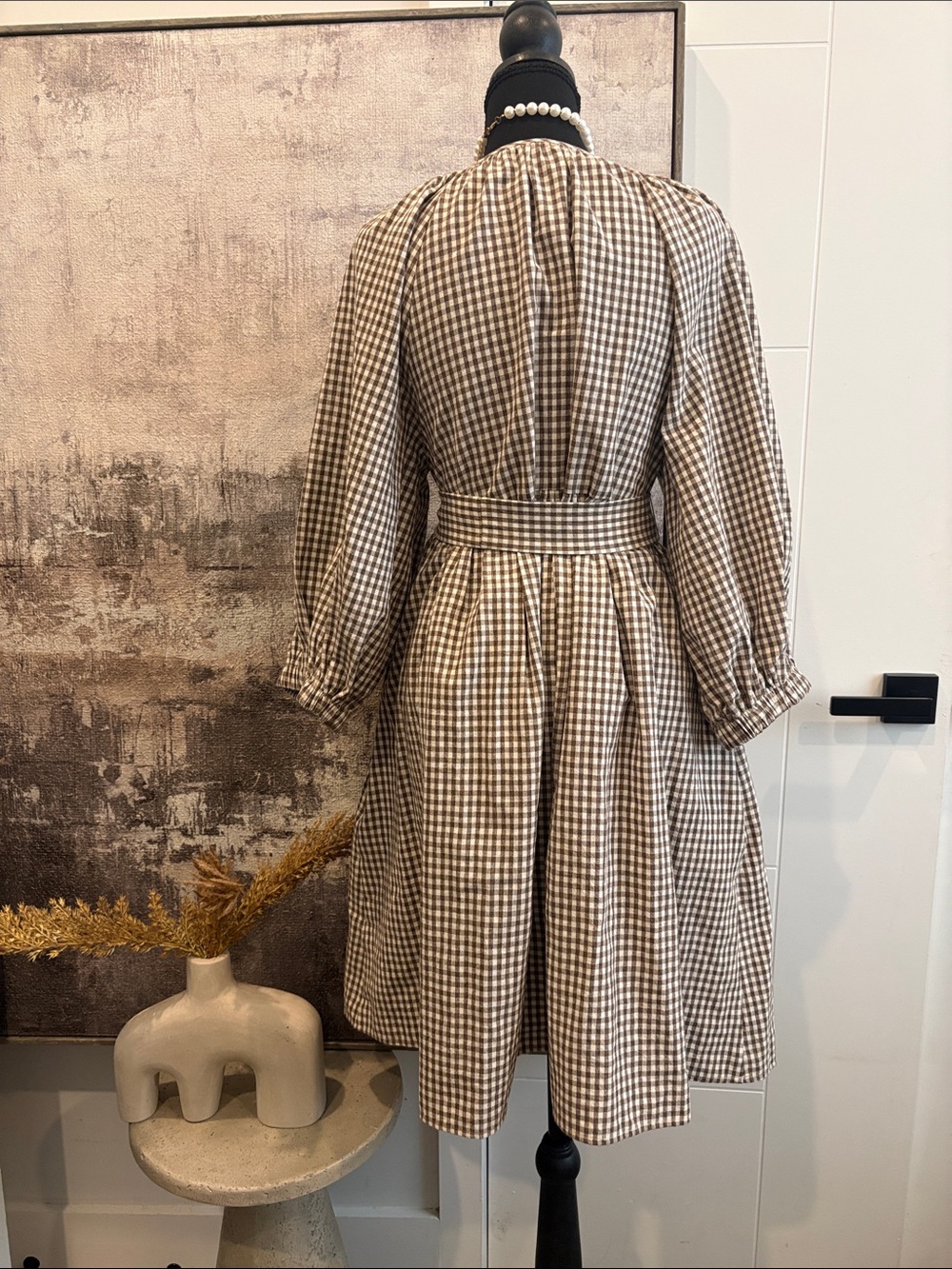 Emerson Fry RAKEL KEYHOLE SHORT DRESS - COFFEE GINGHAM 100% Cotton - Picture 6 of 9